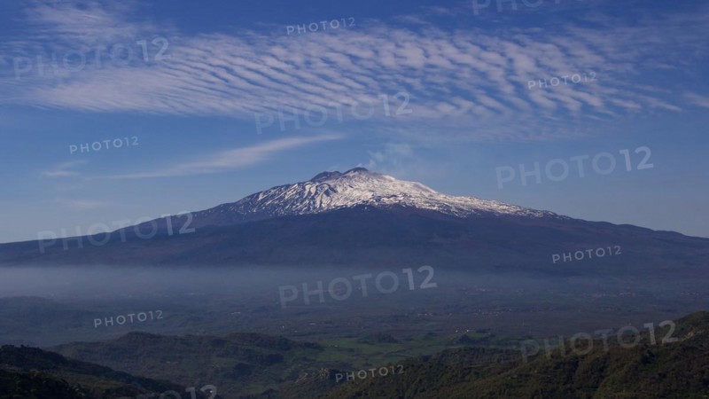 Altocumulus clouds, spring, green landscape, Etna, snow-capped peak, volcano, Eastern Sicily, Sicily, Italy, Europe