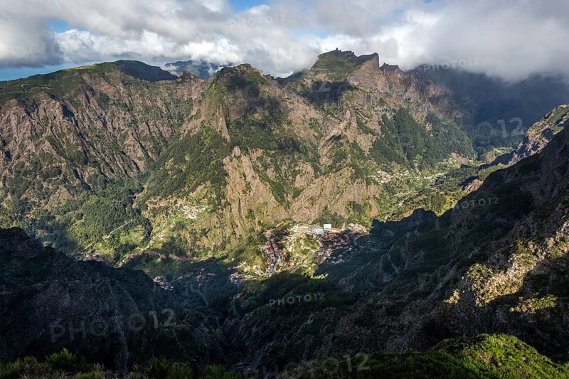 Nun's Valley, Curral das Freiras, view from Miradouro do Paredao, Pico Grande in the background, Madeira, Portugal, Europe