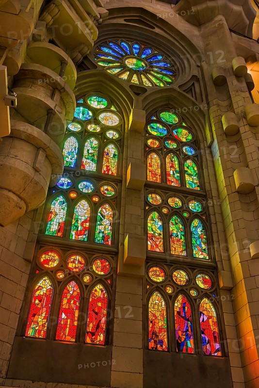 Interior view of the Familia Sagrada by the architect Antonio Gaudi in Barcelona, Spain, Europe