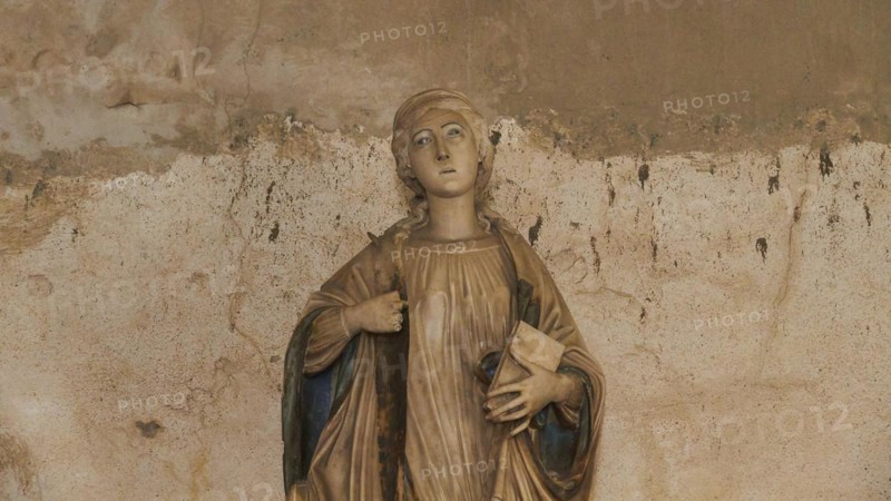 Interior of a church, figure of a saint, close, church, Chiesa di Santa Caterina, Montalbano Elicona, town, Nebrodi National Park, Sicily, Italy, Europe