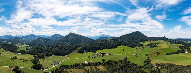 Drone image, agricultural landscape near Weißbach with Nockstein and Gaisberg, Koppl, Osterhorngruppe, Flachgau, Land Salzburg, Austria, Europe