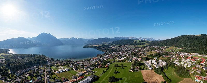 Drone shot, panorama shot, Altmünster am Lake Traun, Salzkammergut, Upper Austria, Austria, Europe