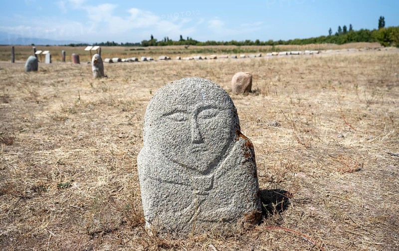 Balbals, historical gravestones in the shape of human faces, near Tokmok, Chuy, Kyrgyzstan, Asia