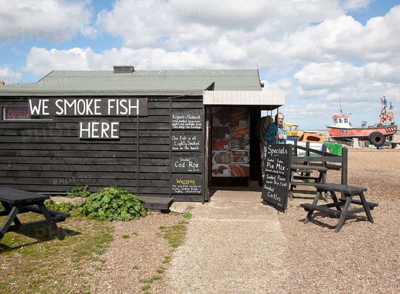 Fish shack specialising in smoked fish on the beach at Aldeburgh, Suffolk, England, United Kingdom, Europe