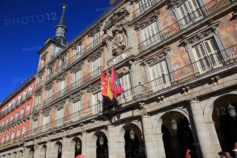 Plaza Mayor, Madrid, Spain designed 1619 Juan Gomez de Mora central square tourist attraction in the heart of the city