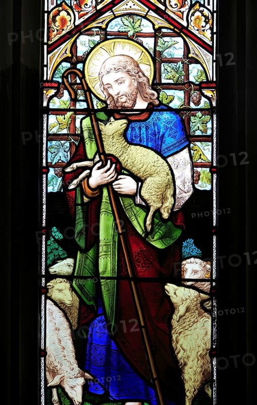 The Good Shepherd, stained glass window, Church of Saint Mary, Mendlesham, Suffolk, England, UK