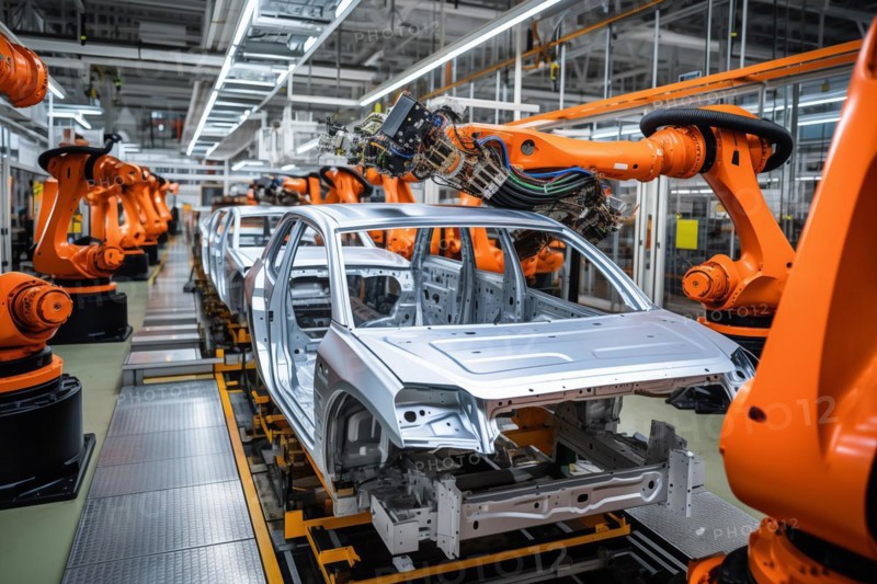 Car factory conveyor belt assemblance line production with robots and artificial intelligence, AI generated