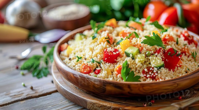 A bowl of couscous with a variety of vegetables and grains, AI generated