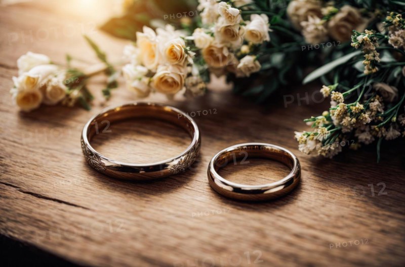 Diamond wedding rings jewelry and flowers bouquet for the wedding engagement and honeymoon, AI generated