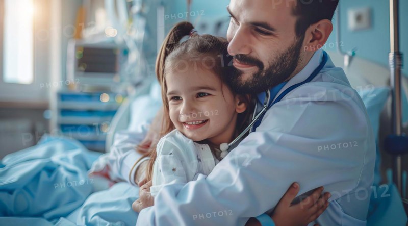 Doctor hugging little girl in hospital room. Smiling young girl being held by a doctor, AI generated