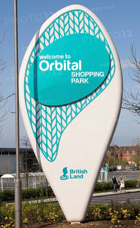 Sign for Orbital Shopping Park developed by British Land, north Swindon, Wiltshire, England, UK