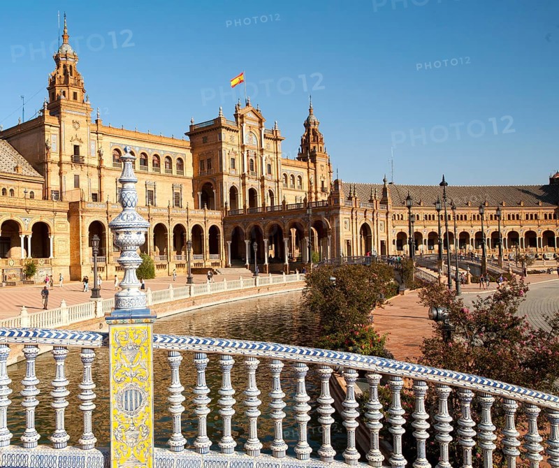 The Plaza de España, Seville, Spain built for the Ibero-American Exposition of 1929. It is a landmark example of the Renaissance Revival style in Spanish architecture