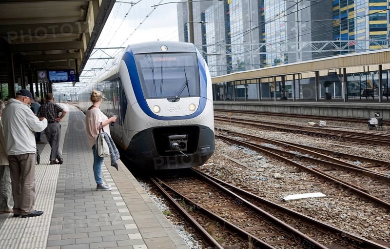 Intercity train to Den Haag Centraal, arriving at platform Leiden Central railway station, Netherlands