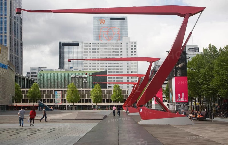 The Schouwburgplein designed by architect Adriaan Geuze modern city square on the roof of a car park, central Rotterdam, Netherlands