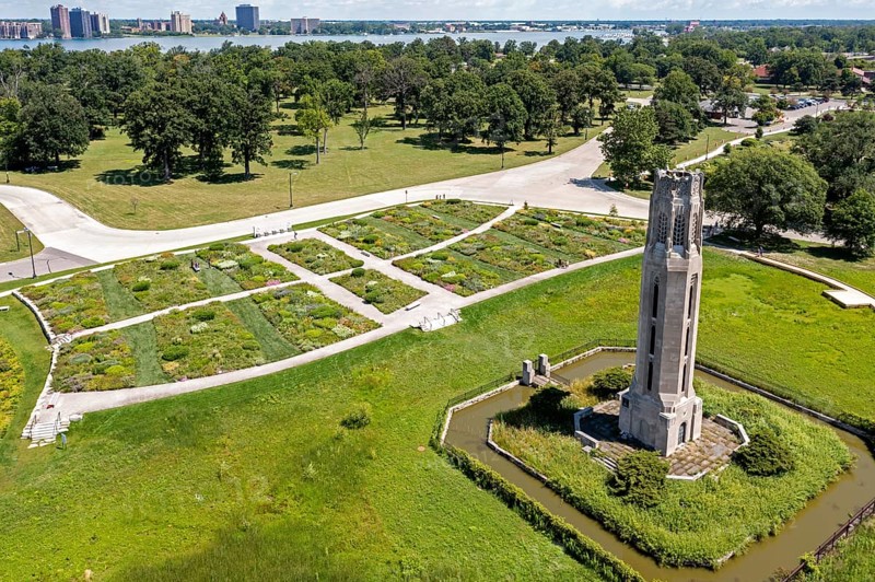 Detroit, Michigan, The Nancy Brown Peace Carillon on Belle Isle, an island park in the Detroit River. Next to the carillon is the Piet Oudolf Public Garden
