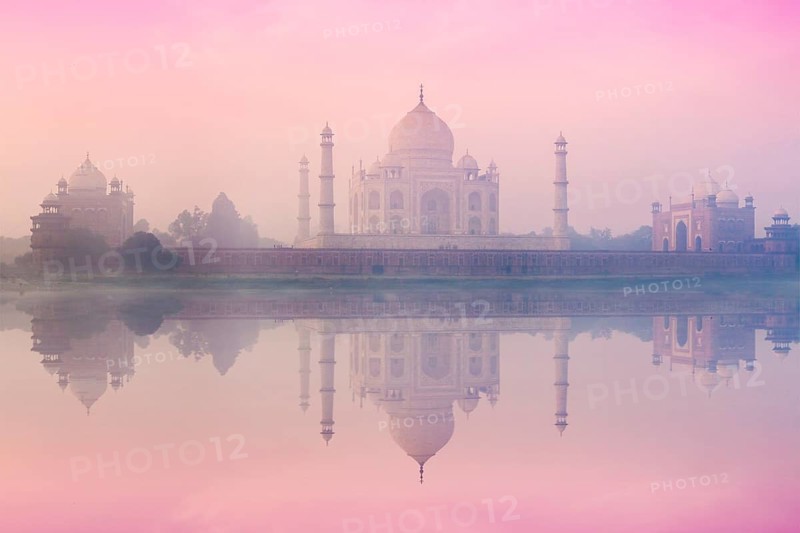 Taj Mahal on sunrise sunset reflection in Yamuna river panorama in fog, Indian Symbol, India travel background. Agra, Uttar Pradesh, India, Asia