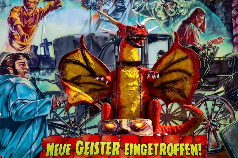 New ghosts arrived, ghost train in sunshine during the day, Cranger Kirmes, Herne, Ruhr area, North Rhine-Westphalia, Germany, Europe