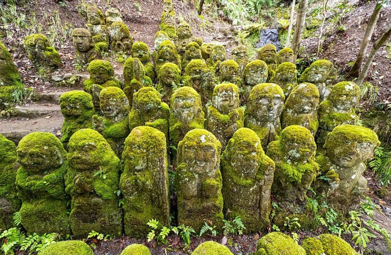 Moss-covered stone statues of rakans, the disciples of Buddha, Otagi Nenbutsu-ji temple, Kyoto, Japan, Asia