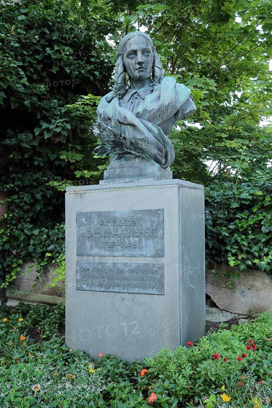 Monument and bust of Annette von Droste-Hülshof, sculpture, bronze, inscription, Meersburg, Obersee, Lake Constance, Lake Constance region, Baden-Württemberg, Germany, Europe