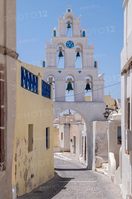 Bell tower in the traditional village of Megalochori, Santorini, Cyclades, Greece, Europe