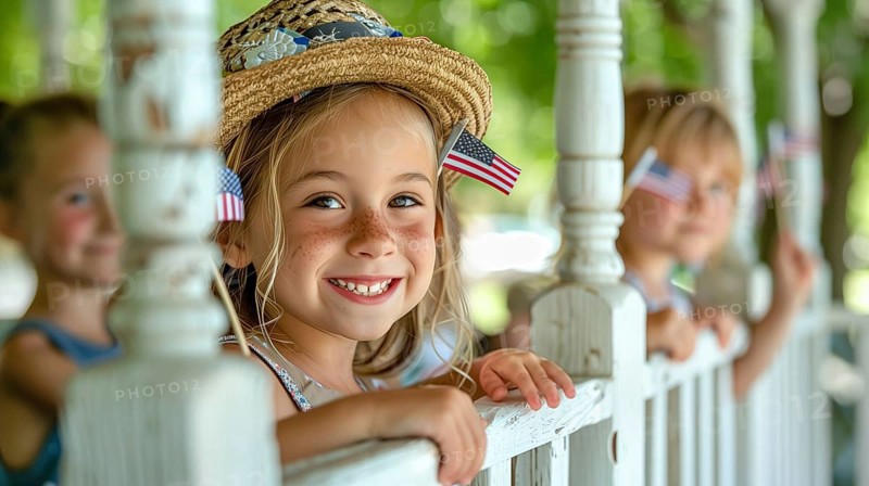 Cute children celebrating the american holiday with friends and family at the park. generatvie AI, AI generated