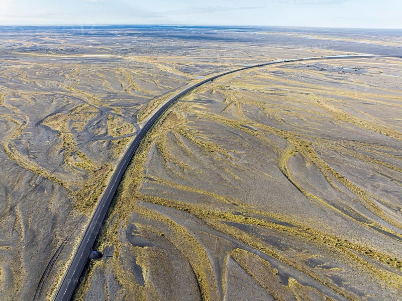 Top down view of the ringroad no. 1, crossing the Skeidararsandur, a flood plain created by glacial rivers in the Skaftafell area, Iceland, Europe