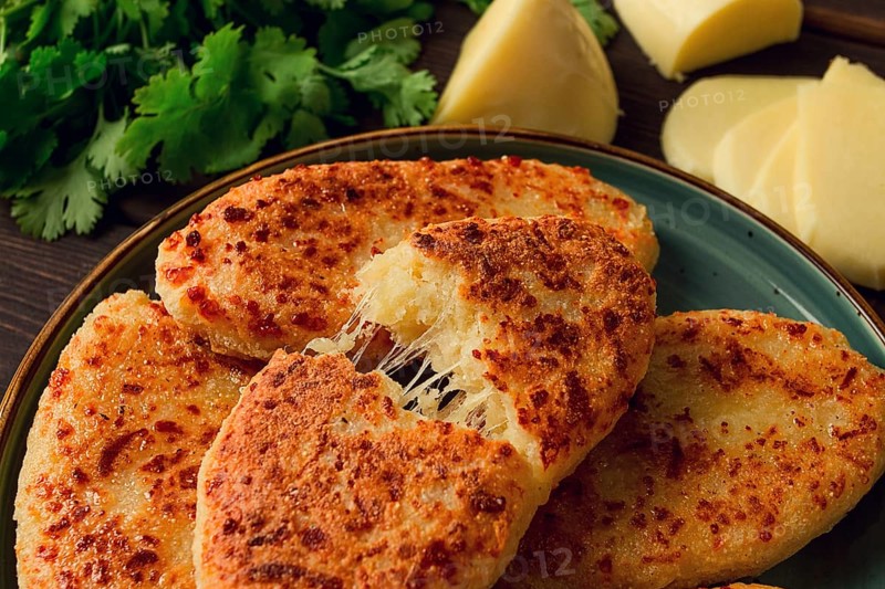Chvishtari, corn flour tortillas with cheese, pastries, Georgian cuisine, Mchadi, homemade, top view, on a wooden table, no people