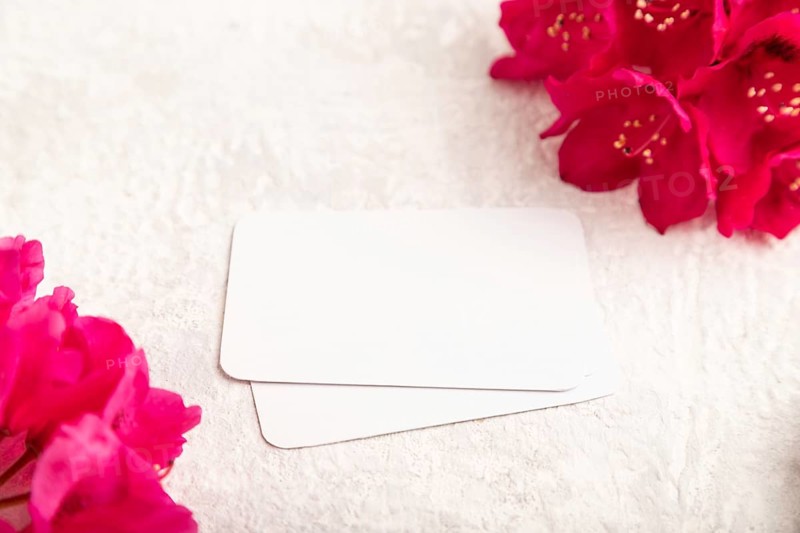 White business card with purple azalea flowers on gray concrete background. side view, copy space, mockup, template, spring, summer minimalism concept