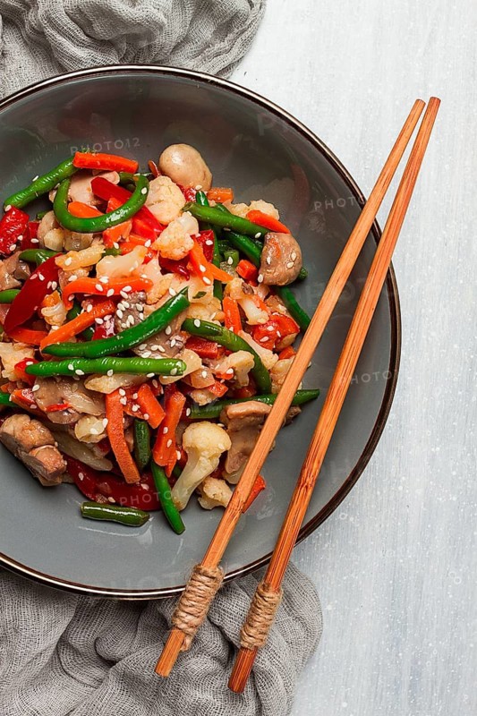 Wok, Asian-style vegetables, street food, mixed vegetables, no people, top view