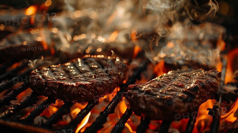Several beef steaks sizzling on the BBQ. generative AI, AI generated