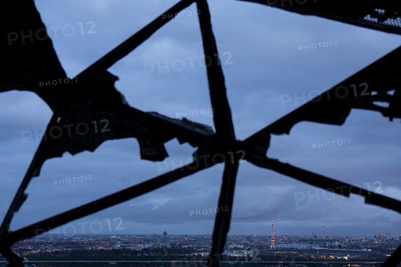 View of the city of Berlin with radio tower and television tower through a radar dome on the former listening station on the Teufelsberg, Berlin, 22 December 2024