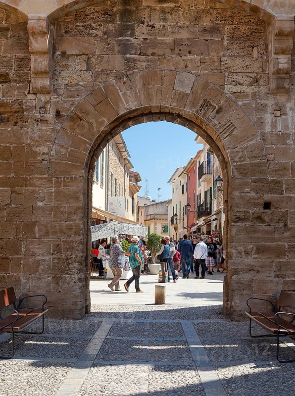 View through the Porta Principal, Alcudia, Majorca, Balearic Islands, Spain, Europe