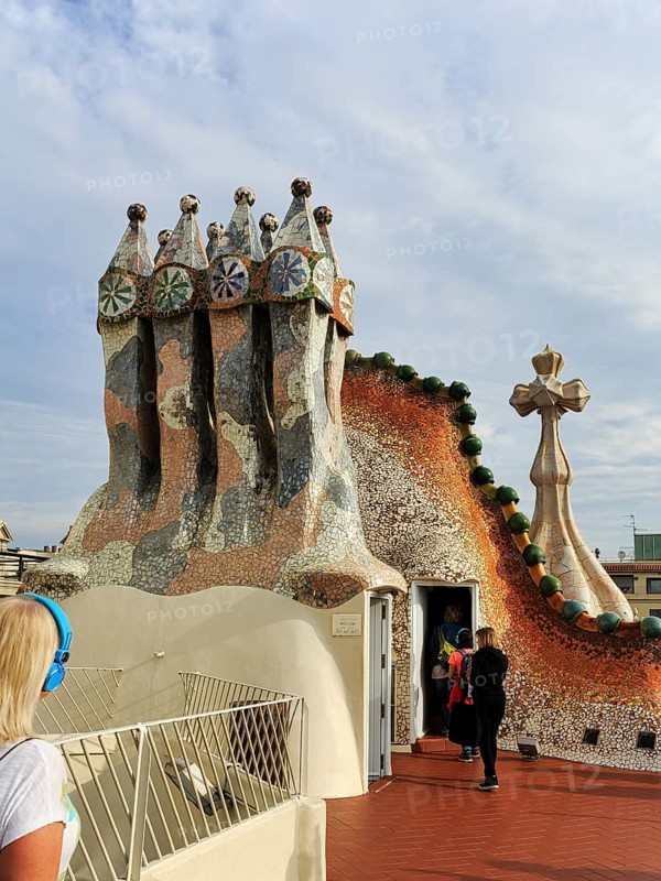 Artistically designed fireplaces, mosaics, viewing platform, roof terrace, Casa Batllo, Barcelona, Spain, Europe