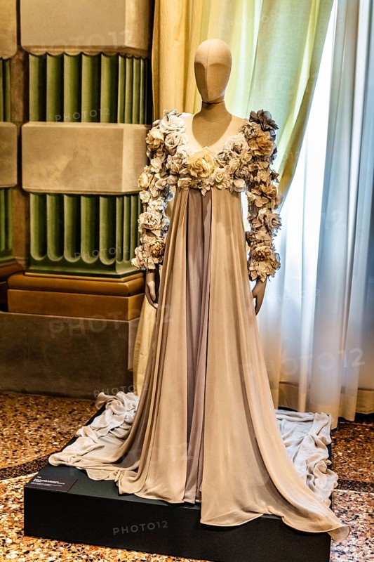 Wedding dress made of silk georgette with attached fabric flowers, 1989, exhibition of magnificent evening dress creations by fashion designer Roberto Capucci, 17th century Villa Manin, residence of Ludovico Manin, Codroipo, Friuli, Italy, Codroipo, Friuli, Italy, Europe