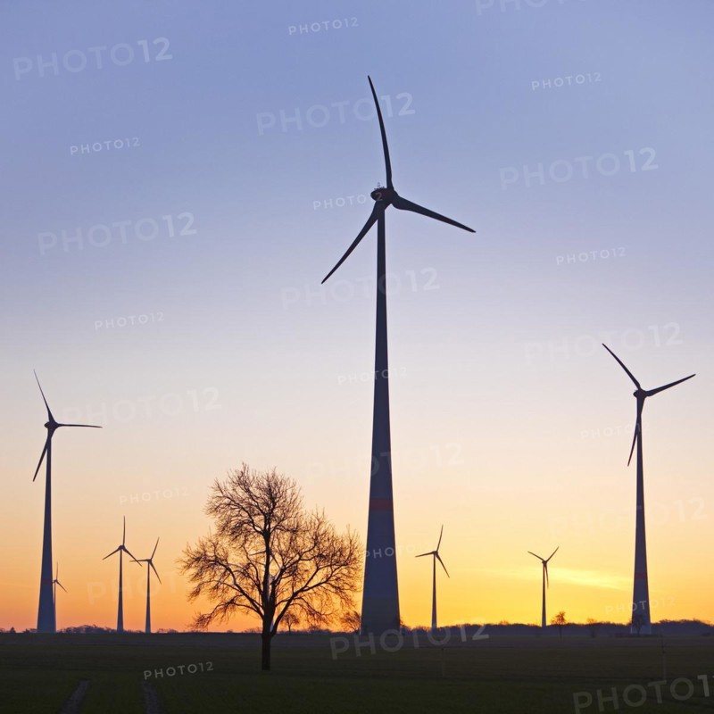 Wind turbines at dawn, Wevelsburg wind farm, Büren, Paderborn plateau, North Rhine-Westphalia, Germany, Europe