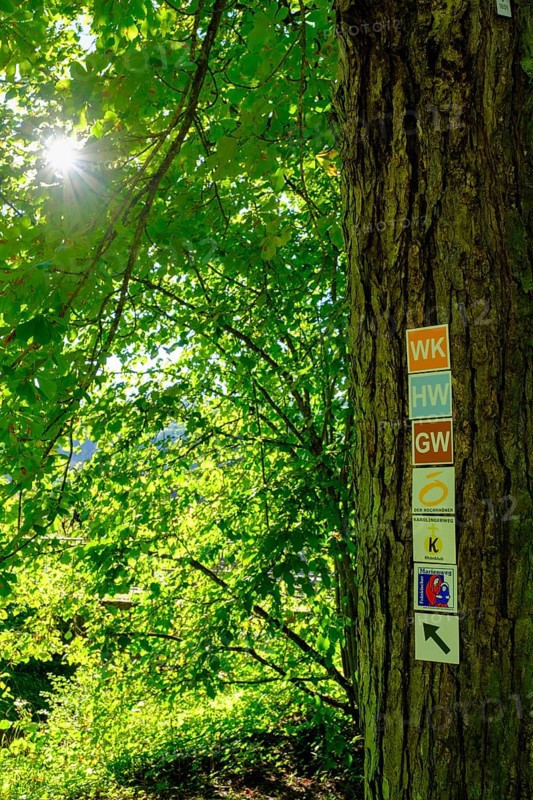 Hiking trail signs, on the Franconian Saale, Steinhof, Lower Salt Works, Bad Kissingen, Rhön, Lower Franconia, Franconia, Bavaria, Germany, Europe