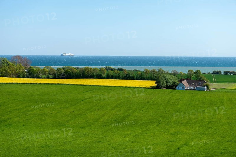 View from Hatbakken Fakkebjerg, Bagenkop, Langeland, Agriculture, Rapeseed cultivation, Ferry Color Line, Fyn County, Geopark South Fyn Baltic Sea, Det Sydynske Øhav, Denmark, Europe
