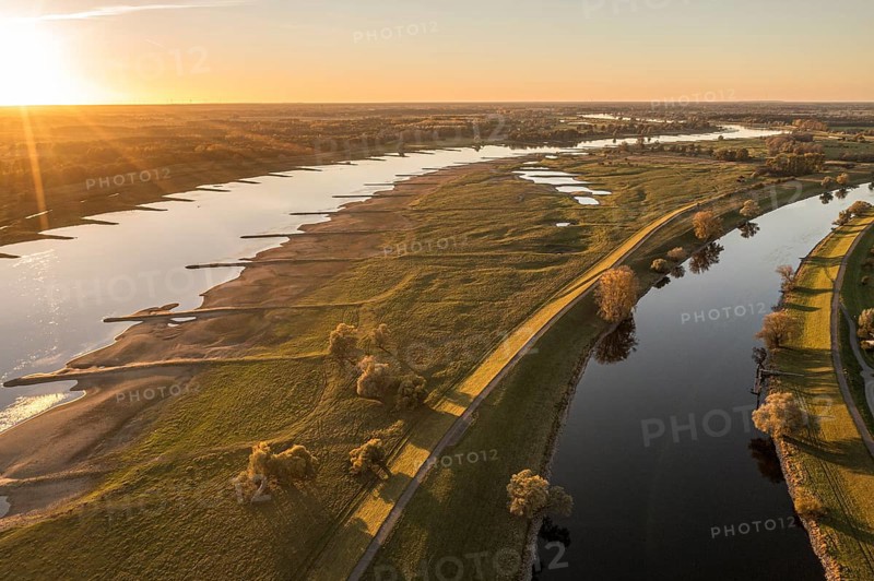 Aerial view of channel Gnevsdorfer Vorfluter and river Elbe at sunset, between Wittenberge and Havelberg, Germany, Europe