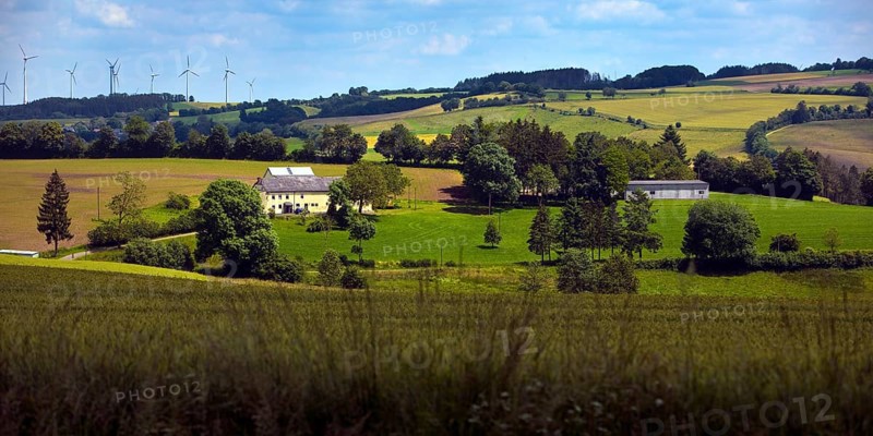 Panoramic view of cultural landscape, local community of Jucken in the Eifel district of Bitburg-Prüm, Eifel, Rhineland-Palatinate, Germany, Europe