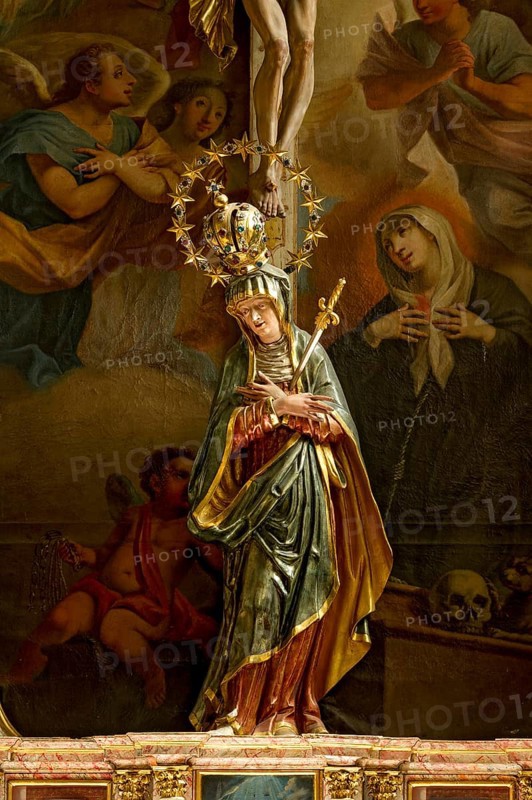 Madonna figure of the Sorrowful Mother, Mater Dolorosa, right side altar of the Maria Verkündigung monastery church, Baroque, Reutberg monastery, Sachsenkam in the Ellbach and Kirchseemoor nature reserve, Isarwinkel, Upper Bavaria, Bavaria, Germany, Europe