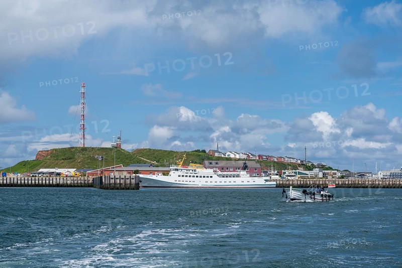 View from south-east to harbour facilities, Unterland and Oberland, in the inland harbour seaside resort ship Funny Girl, radio tower, offshore island Helgoland, Börteboot, blue sky, North Sea, Pinneberg district, Schleswig-Holstein, Germany, Europe