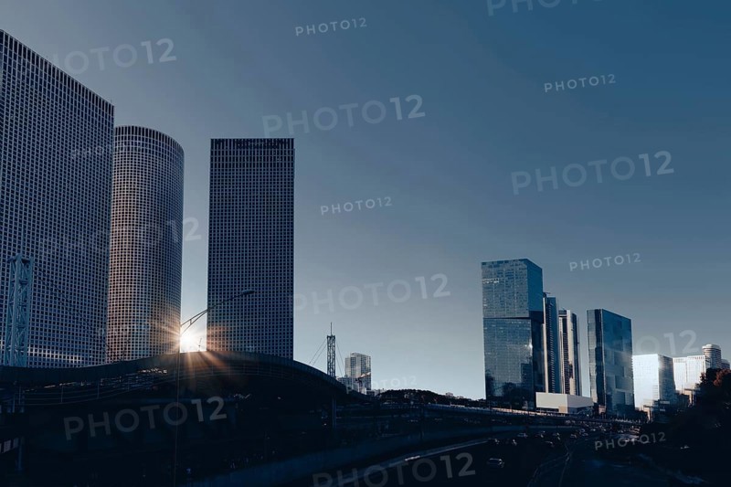Israel, Tel Aviv financial business district skyline includes shopping malls and high tech offices, Asia