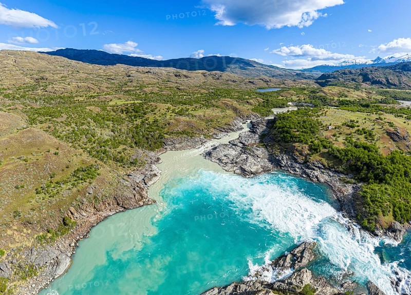 Confluence of river Rio Baker and Rio Neff, aerial view, muddy water of Rio Neff merges with glacial stream Rio Baker, Patagonia, Chile, South America