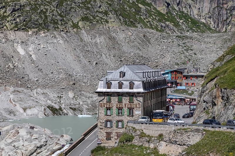 Hotel Belvédère on the Furka in the Swiss Alps, the most famous mountain pass hotel in the world. The building is closed and decaying. A lost place. Rhone Glacier. Obergoms, Canton Valais, Switzerland, Europe