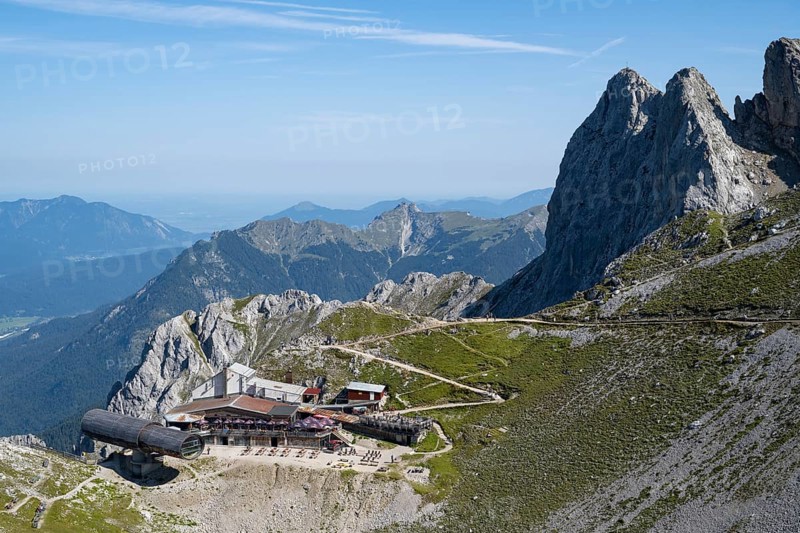 Nature Information Centre Bergwelt Karwendel, museum, telescope, mountain restaurant, mountain station of the Karwendelbahn, Westliche Karwendelspitze, Karwendel Mountains, Mittenwald, Werdenfelser Land, Upper Bavaria, Bavaria, Germany, Europe