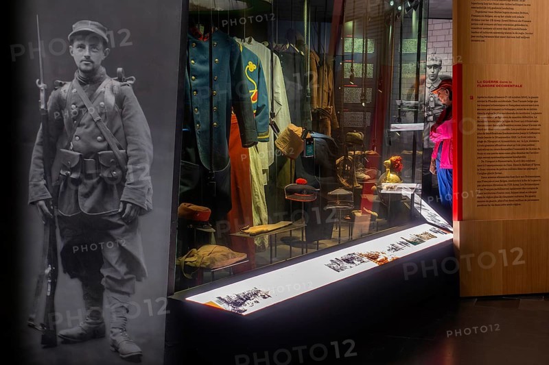 WWI uniforms on display in the In Flanders Fields Museum about World War One at Ypres, Ieper, West Flanders, Belgium, Europe