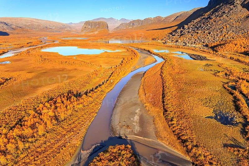 Lake, river, river delta, autumn colours, autumn, mountains, sunny, aerial view, Rapadalen, view of Nammatj and Sarek National Park, Laponia, Lapland, Sweden, Europe