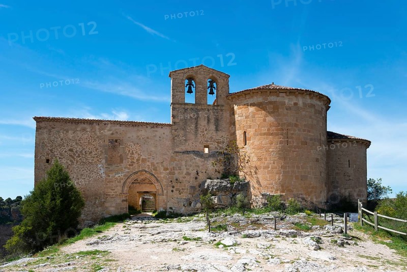 Lonely medieval church with stone walls and bell tower under a clear blue sky, Ermita de San Frutos, Natural Park of the Gorges of the Duratón River, Duraton, Parque Natural de las Hoces del Río Duratón, Sepulveda, Segovia, Valladolid, Castilla y León, Spain, Europe