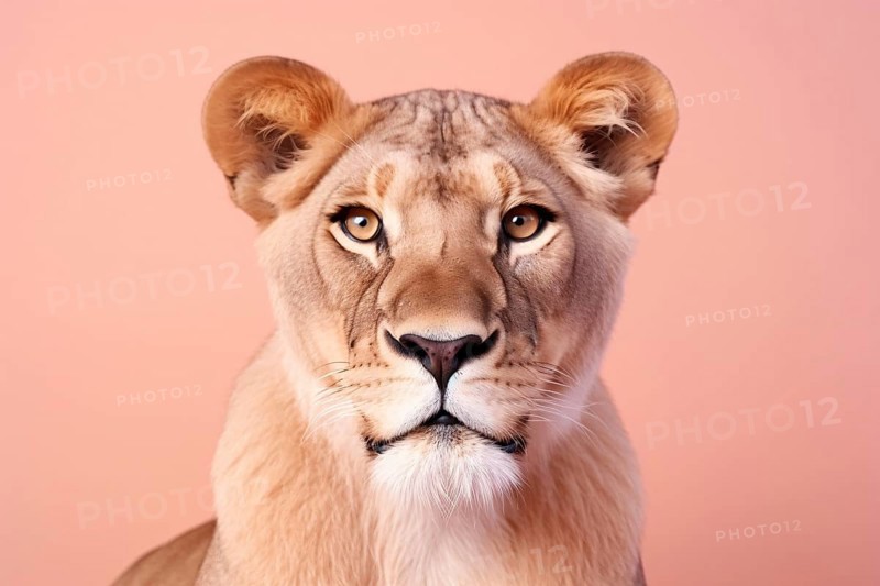 Portrait of female lioness in front of peach colored studio background. KI generiert, generiert AI generated