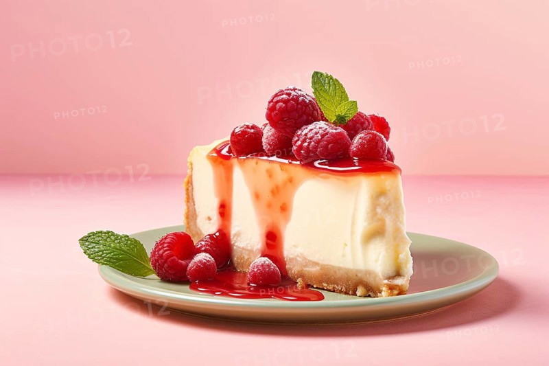 Single slice of cheesecake with red fruits on plate in front of pink background. KI generiert, generiert AI generated